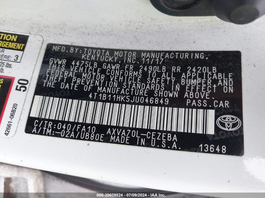 4T1B11HK5JU046849 2018 Toyota Camry L