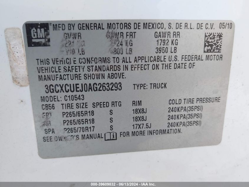 2010 Chevrolet Silverado 1500 Hybrid 1Hy VIN: 3GCXCUEJ0AG263293 Lot: 39609832