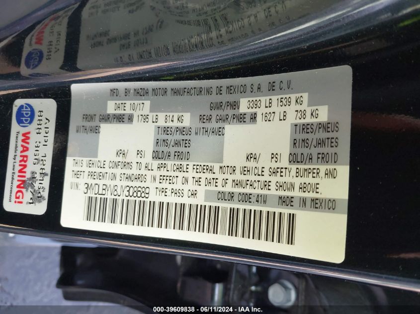 VIN 3MYDLBYV8JY308689 2018 TOYOTA YARIS IA