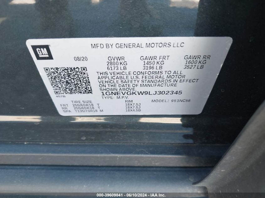 2020 Chevrolet Traverse Awd Lt Cloth VIN: 1GNEVGKW9LJ302345 Lot: 39609841