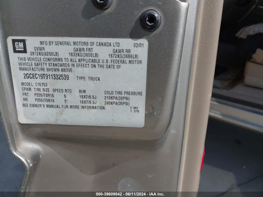 2001 Chevrolet Silverado 1500 Ls VIN: 2GCEC19T911332539 Lot: 39609842