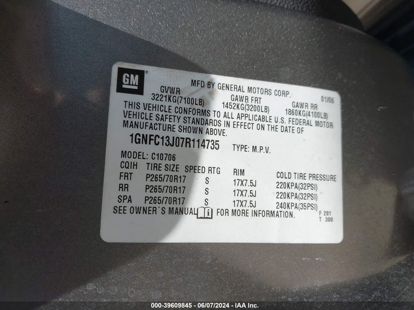 2007 Chevrolet Tahoe Ls VIN: 1GNFC13J07R114735 Lot: 39609845