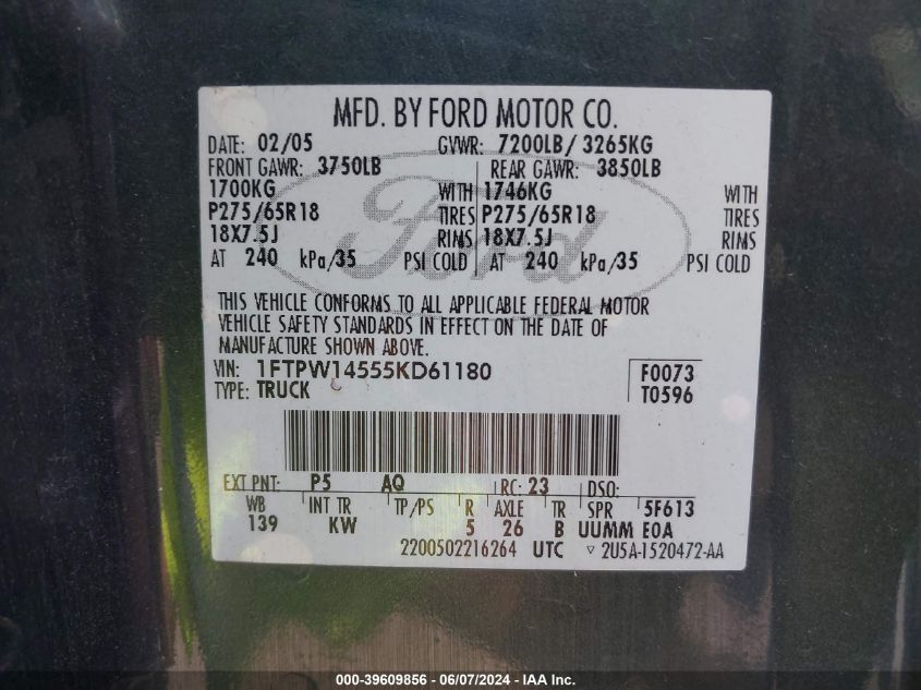 2005 Ford F-150 Fx4/Lariat/Xlt VIN: 1FTPW14555KD61180 Lot: 39609856