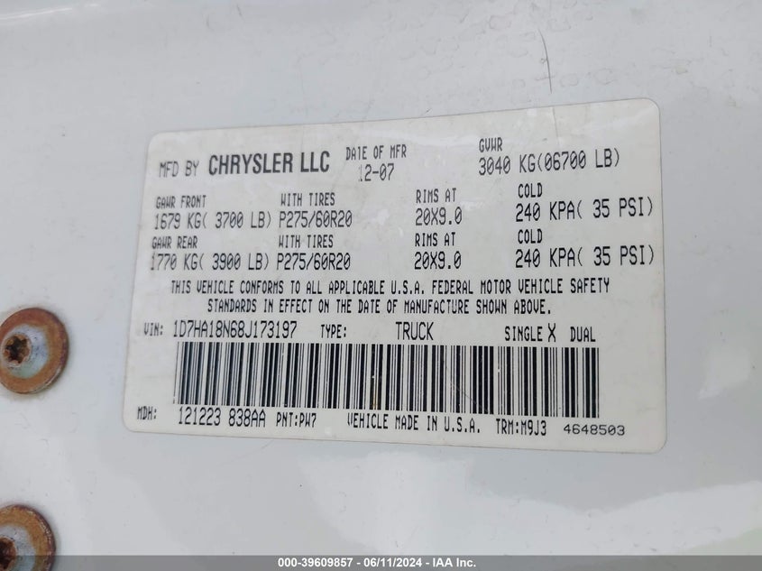 2008 Dodge Ram 1500 Slt VIN: 1D7HA18N68J173197 Lot: 39609857