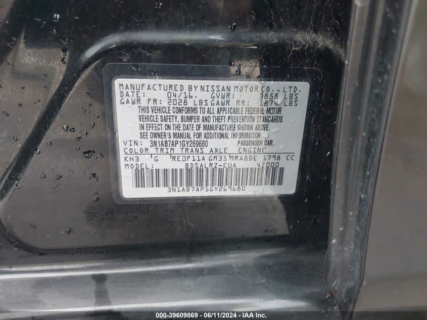 2016 Nissan Sentra Sr VIN: 3N1AB7AP1GY269680 Lot: 39609869