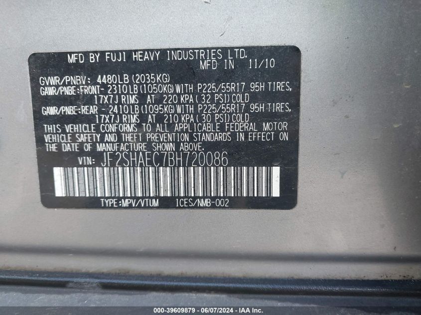 2011 Subaru Forester 2.5X Limited VIN: JF2SHAEC7BH720086 Lot: 39609879
