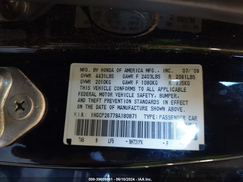 2009 Honda Accord 2.4 Ex VIN: 1HGCP26779A180871 Lot: 39609881