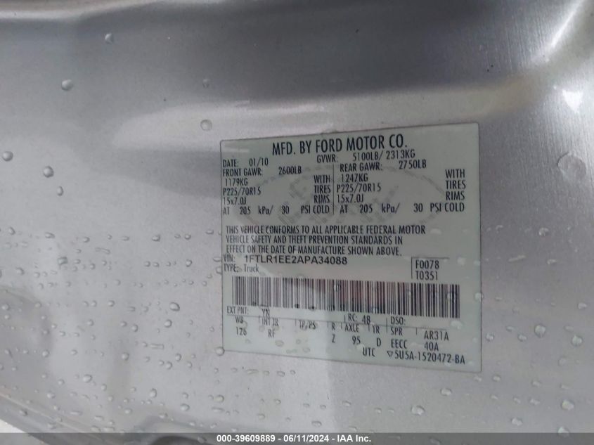 2010 Ford Ranger Xlt VIN: 1FTLR1EE2APA34088 Lot: 39609889