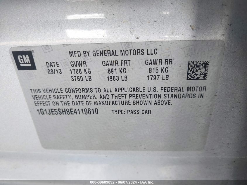 2014 Chevrolet Sonic Ltz Auto VIN: 1G1JE5SH8E4119610 Lot: 39609892