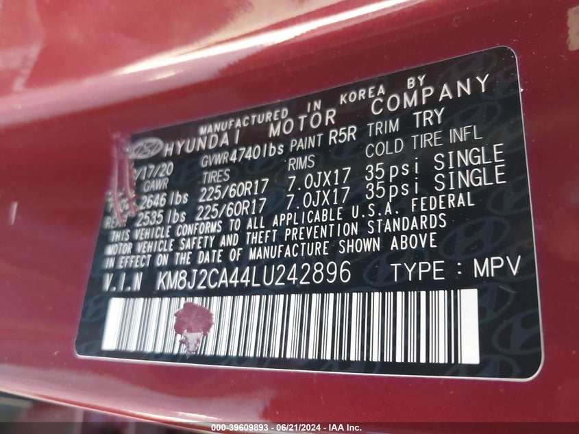VIN KM8J2CA44LU242896 2020 HYUNDAI TUCSON SE