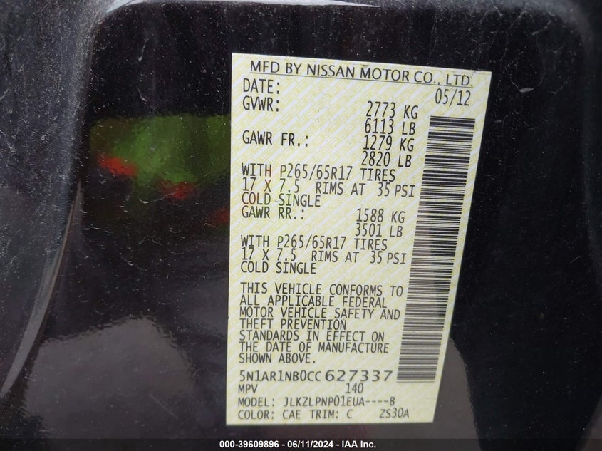 2012 Nissan Pathfinder Silver VIN: 5N1AR1NB0CC627337 Lot: 39609896