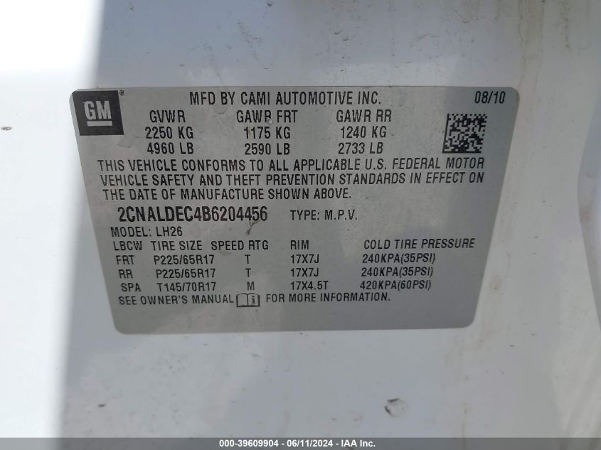 2011 Chevrolet Equinox 1Lt VIN: 2CNALDEC4B6204456 Lot: 39609904