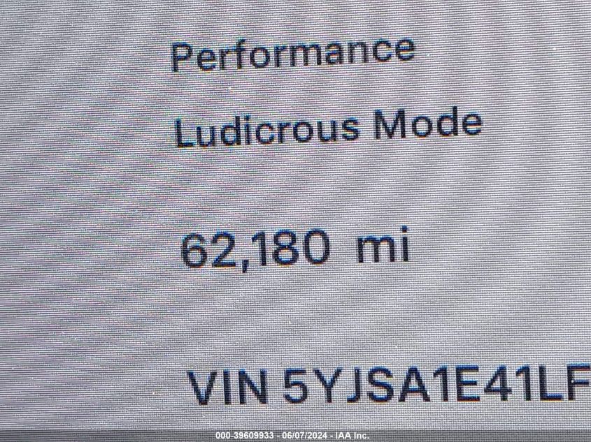 2020 Tesla Model S Performance Dual Motor All-Wheel Drive VIN: 5YJSA1E41LF397358 Lot: 39609933