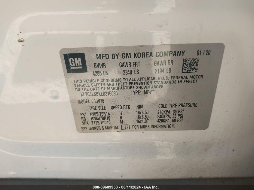 2020 Chevrolet Trax Fwd Lt VIN: KL7CJLSBXLB315680 Lot: 39609938