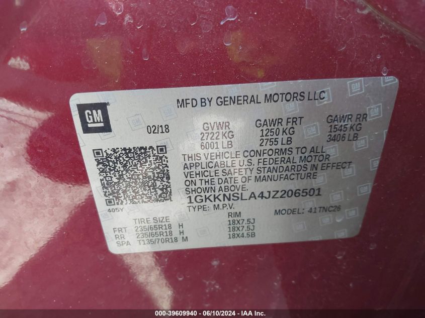 2018 GMC Acadia Sle-2 VIN: 1GKKNSLA4JZ206501 Lot: 39609940