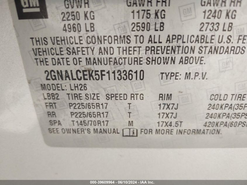 2015 Chevrolet Equinox 2Lt VIN: 2GNALCEK5F1133610 Lot: 39609964