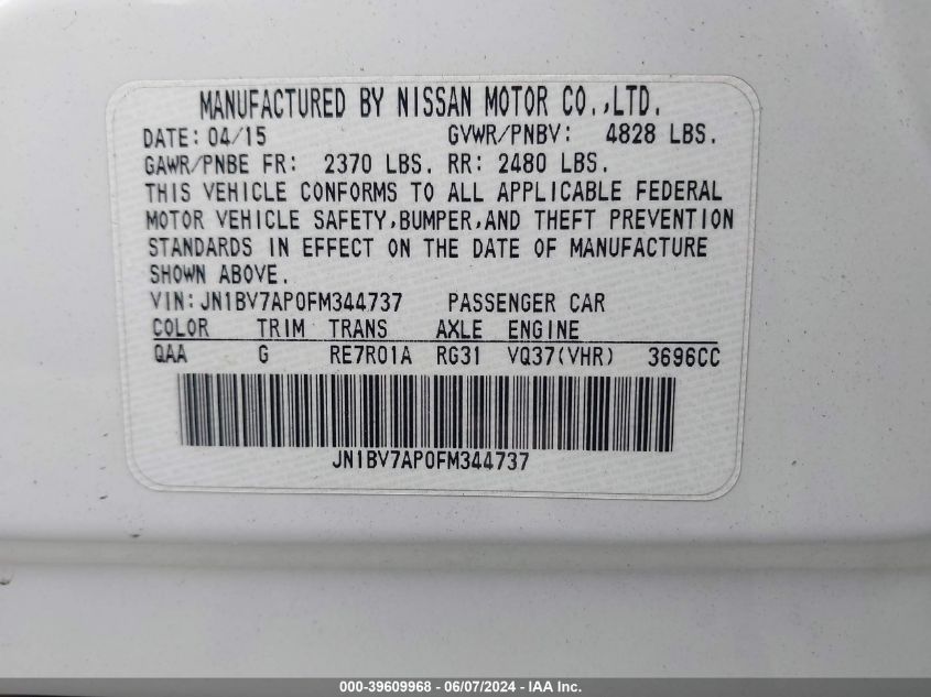 2015 Infiniti Q50 Premium VIN: JN1BV7AP0FM344737 Lot: 39609968