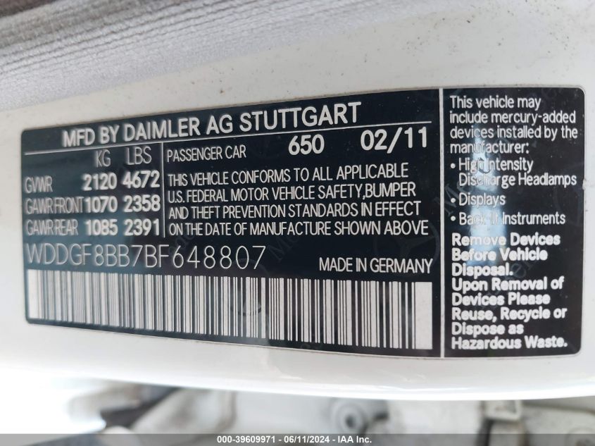 2011 Mercedes-Benz C 300 Luxury 4Matic/Sport 4Matic VIN: WDDGF8BB7BF648807 Lot: 39609971