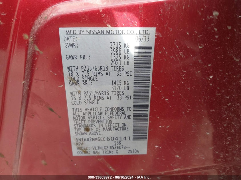 2014 Nissan Pathfinder Sl VIN: 5N1AR2MM6EC604141 Lot: 39609972