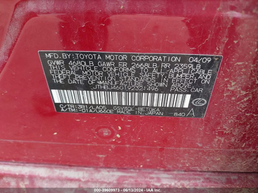 2009 Lexus Es 350 VIN: JTHBJ46G192321496 Lot: 39609973