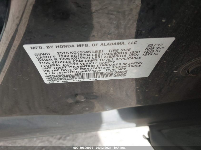 2017 Honda Pilot Ex VIN: 5FNYF5H32HB011396 Lot: 39609976
