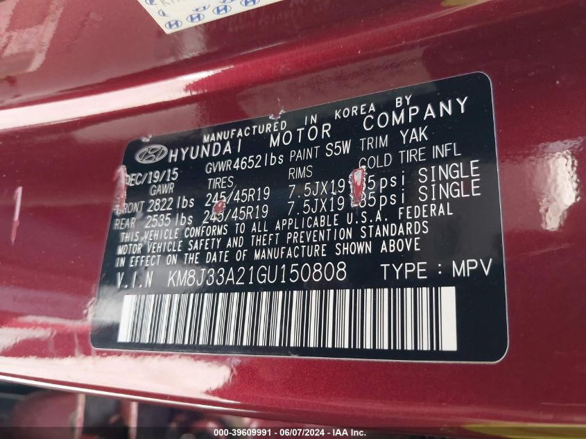 2016 Hyundai Tucson Limited VIN: KM8J33A21GU150808 Lot: 39609991