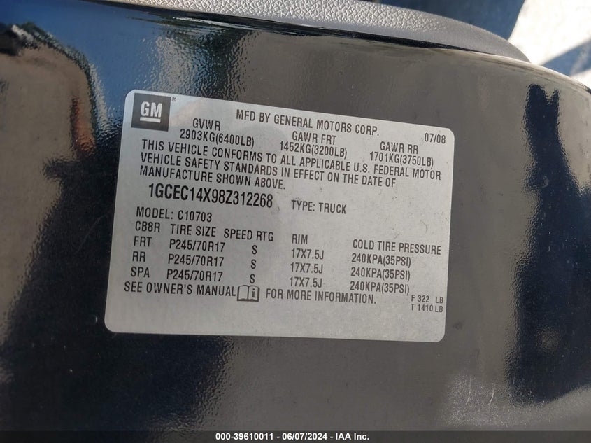 2008 Chevrolet Silverado 1500 Work Truck VIN: 1GCEC14X98Z312268 Lot: 39610011