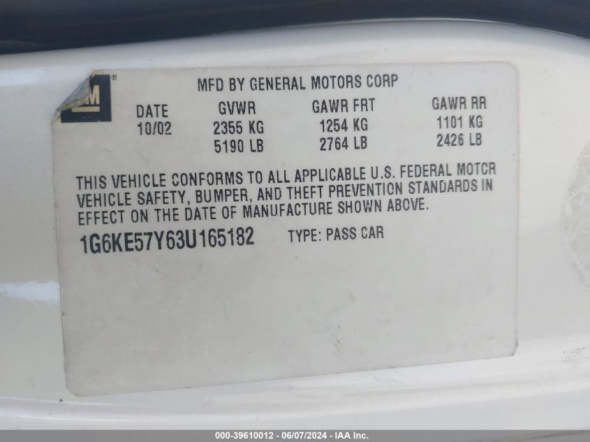 2003 Cadillac Deville Dhs VIN: 1G6KE57Y63U165182 Lot: 39610012