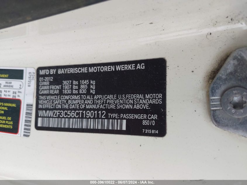 2012 Mini Cooper Clubman VIN: WMWZF3C56CT190112 Lot: 39610022