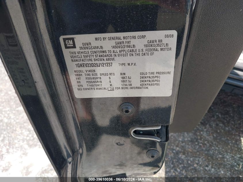 2009 GMC Acadia Slt-1 VIN: 1GKEV23D29J121237 Lot: 39610036