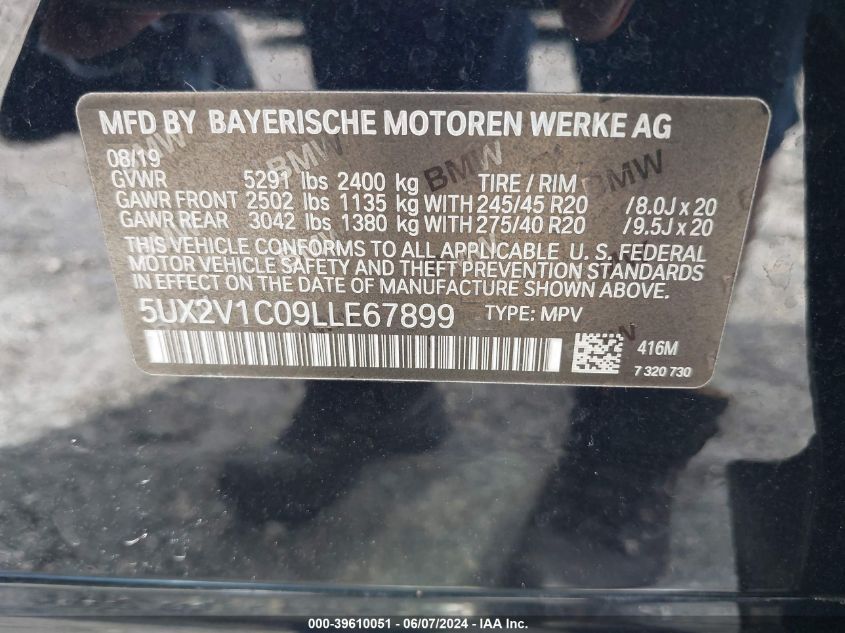 2020 BMW X4 xDrive30I VIN: 5UX2V1C09LLE67899 Lot: 39610051