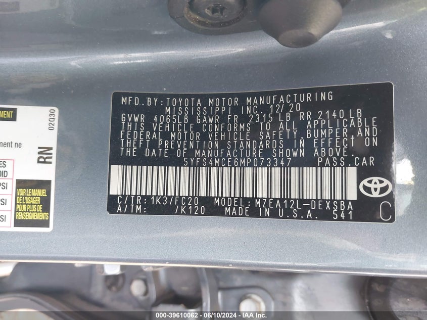 VIN 5YFS4MCE6MP073347 2021 TOYOTA COROLLA SE