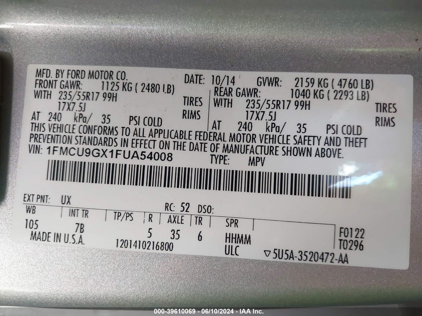 2015 Ford Escape Se VIN: 1FMCU9GX1FUA54008 Lot: 39610069