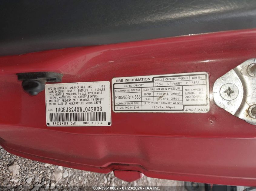 1998 Honda Civic Ex VIN: 1HGEJ8240WL042808 Lot: 39610087