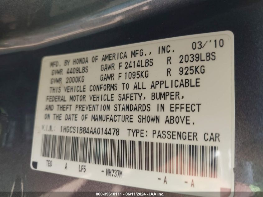 2010 Honda Accord 2.4 Ex-L VIN: 1HGCS1B84AA014478 Lot: 39610111