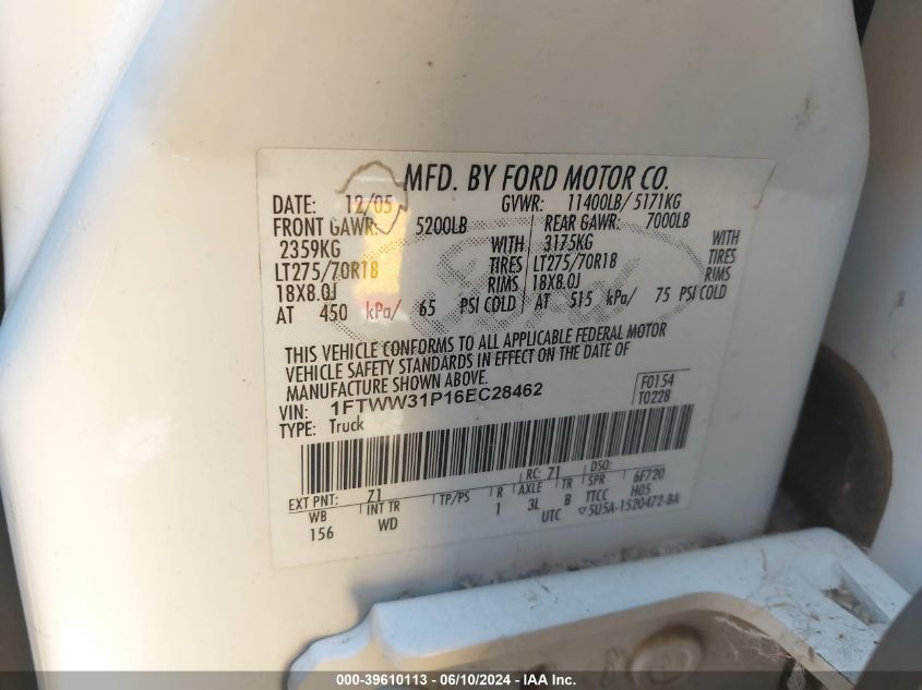2006 Ford F-350 Lariat/Xl/Xlt VIN: 1FTWW31P16EC28462 Lot: 39610113