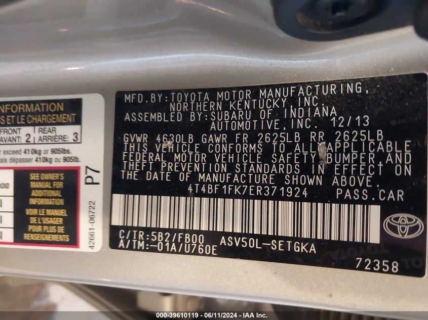 2014 Toyota Camry Xle VIN: 4T4BF1FK7ER371924 Lot: 39610119