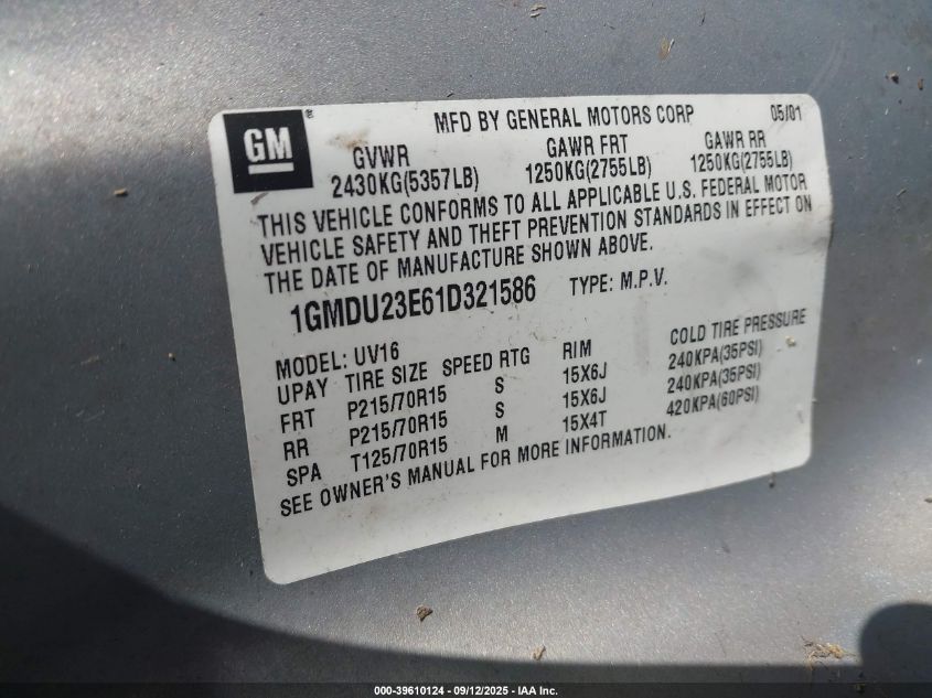 2001 Pontiac Montana 6-Passenger Seating VIN: 1GMDU23E61D321586 Lot: 39610124