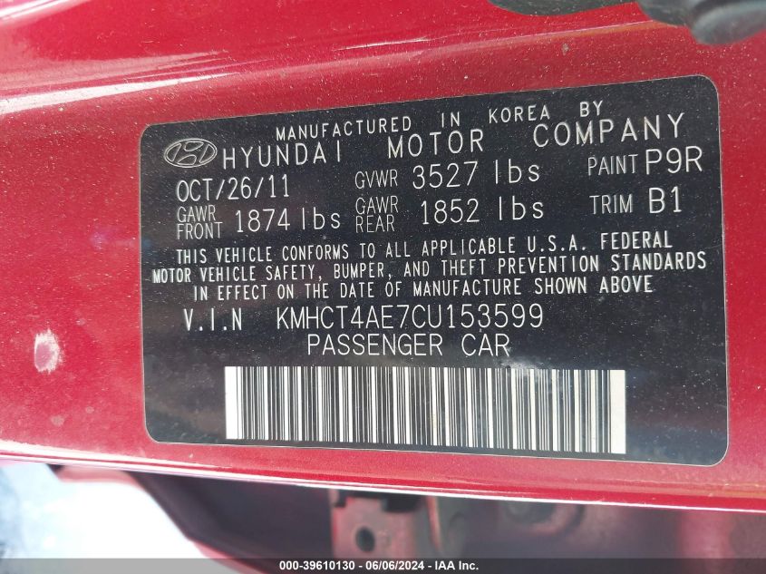 2012 Hyundai Accent Gls VIN: KMHCT4AE7CU153599 Lot: 39610130