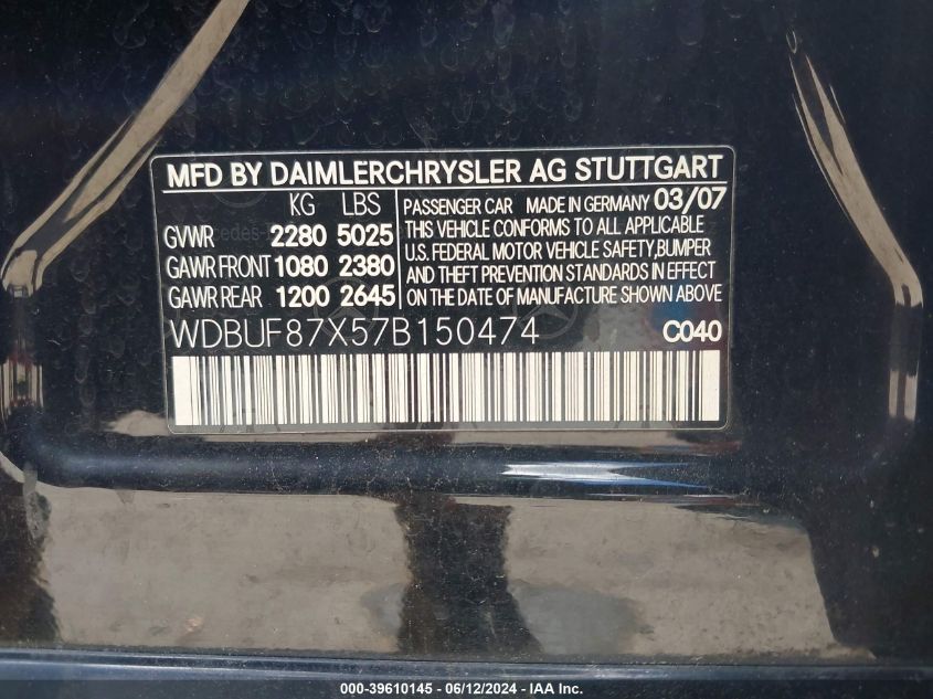 2007 Mercedes-Benz E 350 4Matic VIN: WDBUF87X57B150474 Lot: 39610145