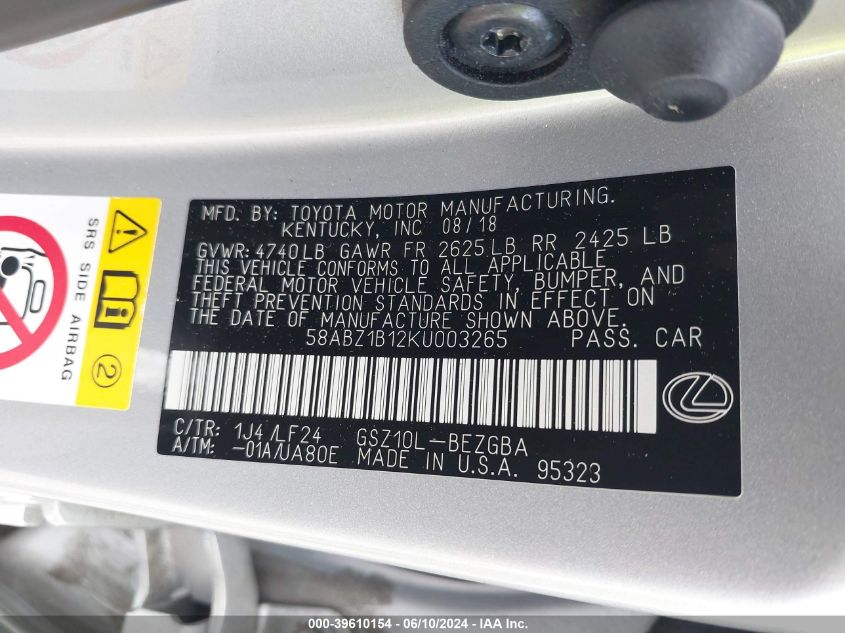 2019 Lexus Es 350 F Sport VIN: 58ABZ1B12KU003265 Lot: 39610154