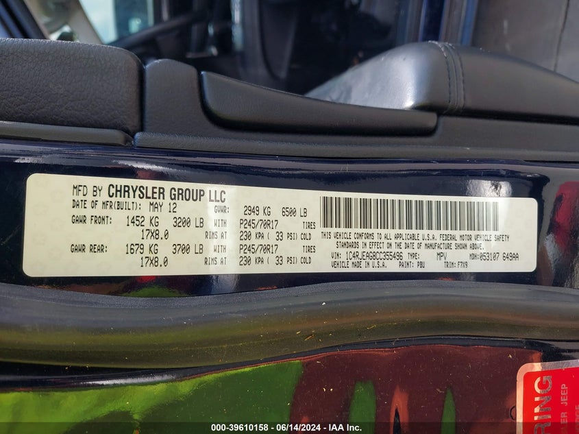 2012 Jeep Grand Cherokee Laredo VIN: 1C4RJEAG8CC355496 Lot: 39610158