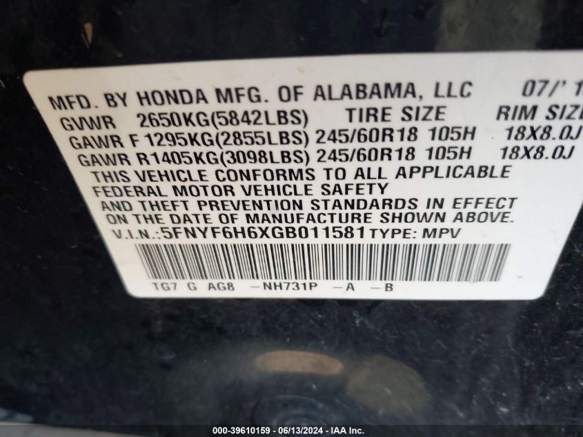 2016 Honda Pilot Ex-L VIN: 5FNYF6H6XGB011581 Lot: 39610159