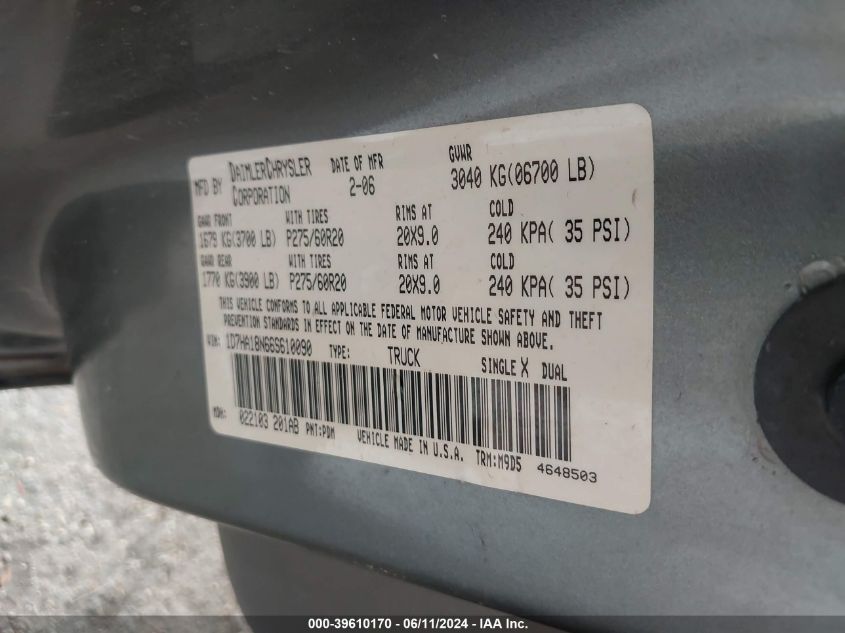 2006 Dodge Ram 1500 Slt VIN: 1D7HA18N66S610090 Lot: 39610170