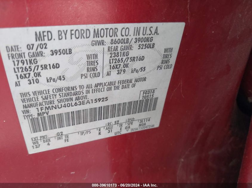 2003 Ford Excursion Xlt VIN: 1FMNU40L63EA15925 Lot: 39610173