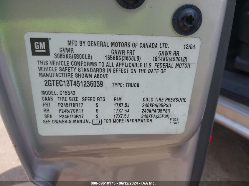2005 GMC Sierra 1500 Slt VIN: 2GTEC13T451236039 Lot: 39610175