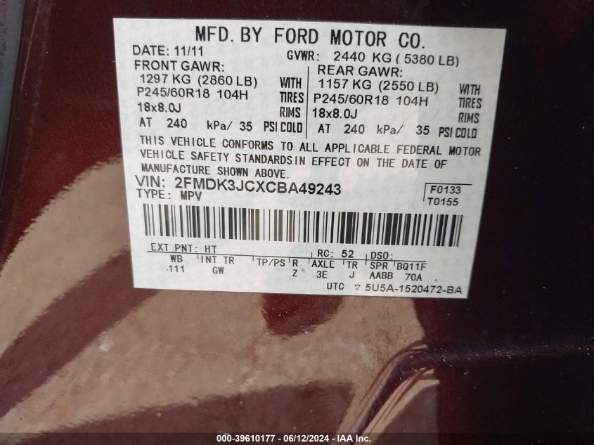 2012 Ford Edge Sel VIN: 2FMDK3JCXCBA49243 Lot: 39610177