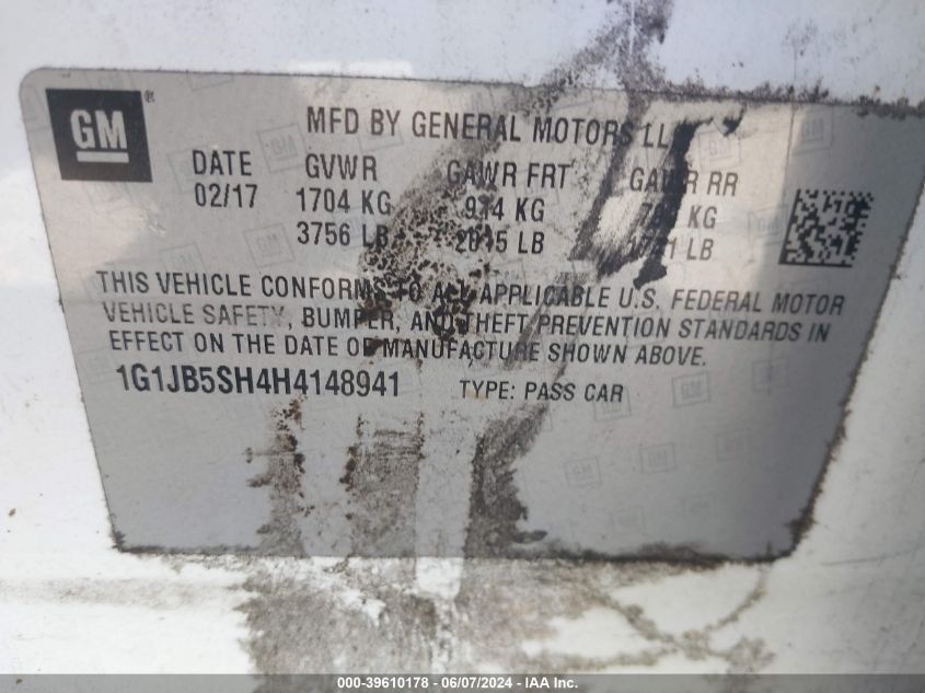2017 Chevrolet Sonic Ls Auto VIN: 1G1JB5SH4H4148941 Lot: 39610178