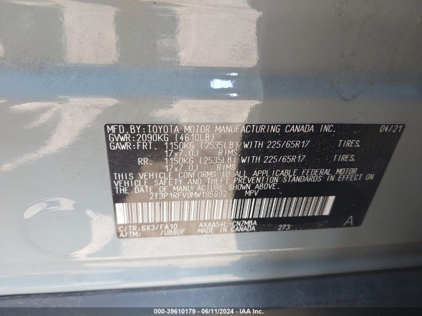 2021 Toyota Rav4 Xle VIN: 2T3P1RFV9MW195892 Lot: 39610179