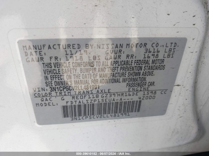 2020 Nissan Kicks Sv Xtronic Cvt VIN: 3N1CP5CV2LL481991 Lot: 39610182